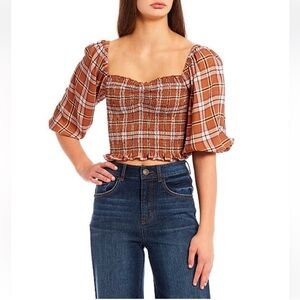 New Plaid Smocked Puff Sleeve Brown Top- Size L